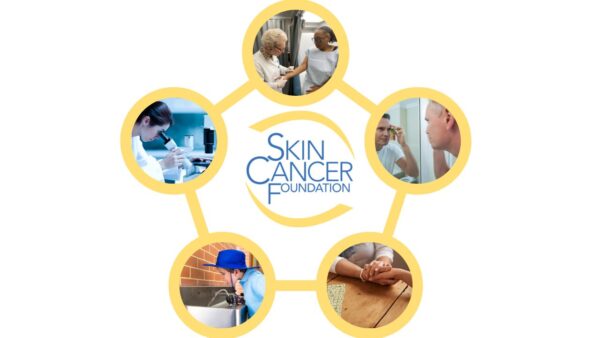 The Skin Cancer Foundation logo surrounded by related images: a doctor examining a patient, a scientist using a microscope, a man checking his skin in a mirror, a child using a drinking fountain, and a person holding another's hand.