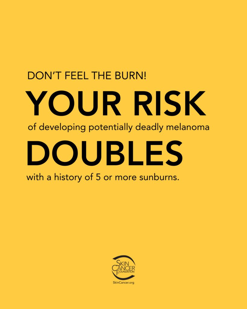 skin-cancer-awareness-message A yellow background with the text "DON'T FEEL THE BURN! YOUR RISK of developing potentially deadly melanoma DOUBLES with a history of 5 or more sunburns." The Skin Cancer Foundation logo is at the bottom.