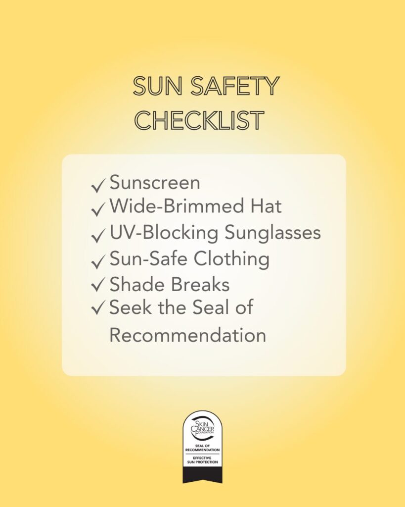 sun-safety-checklist-skin-cancer-foundation.jpg A sun safety checklist from the Skin Cancer Foundation, listing sunscreen, a wide-brimmed hat, UV-blocking sunglasses, sun-safe clothing, and shade breaks.